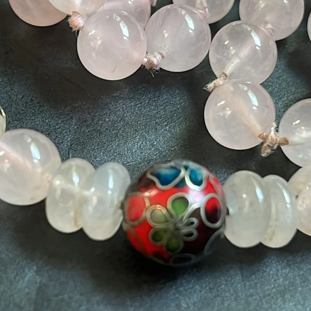 Pink Rose Quartz Beaded Necklace w Cloisonne & Aurora Borealis Accent Be…